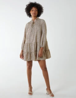 Shirred Cheetah Smock Dress 9 Shirred Cheetah Smock Dress -Moda Ulla Shop QED2656 STONE 14993