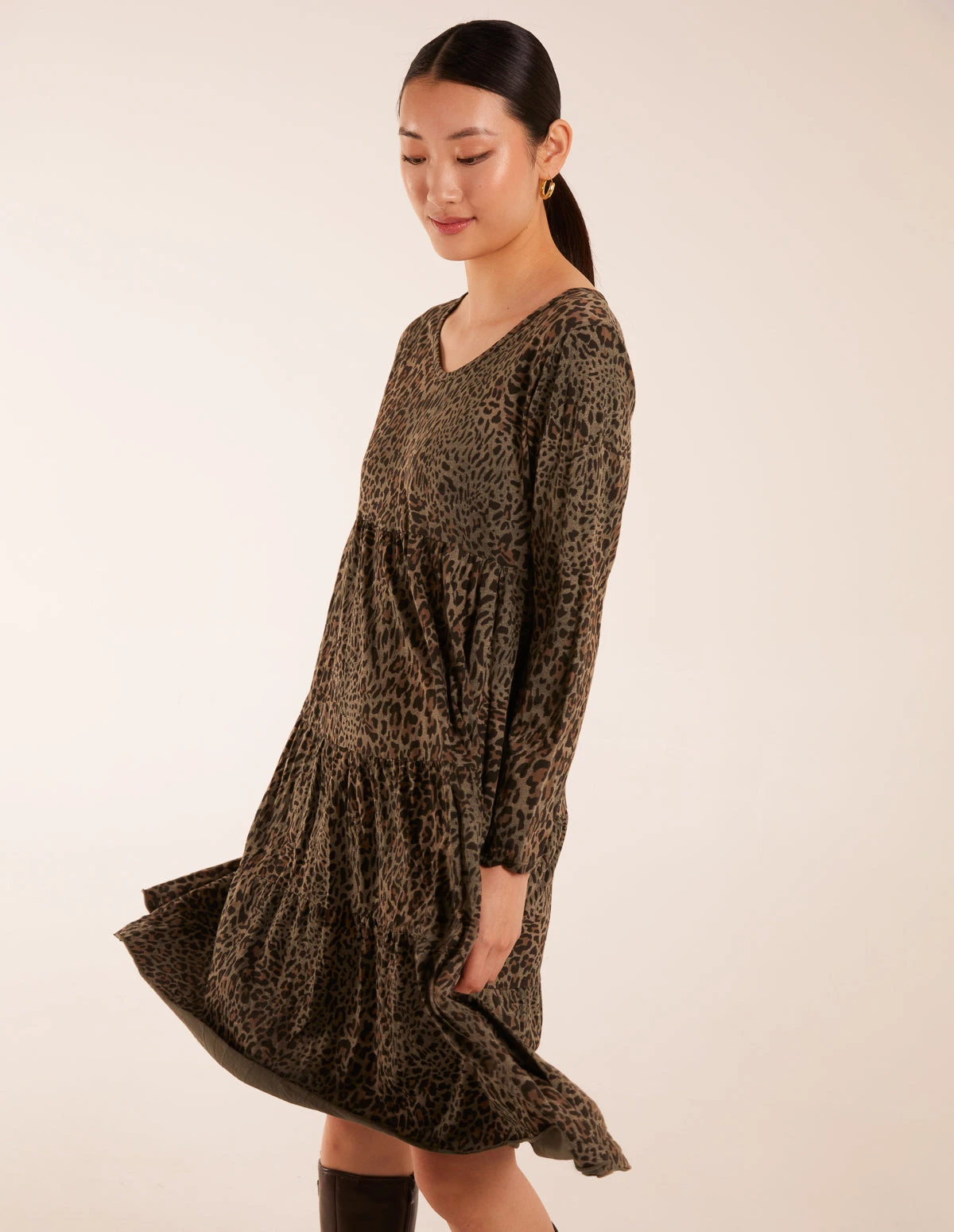 Tiered Leopard Roll Sleeve Smock Dress 4 Tiered Leopard Roll Sleeve Smock Dress - Image 2
