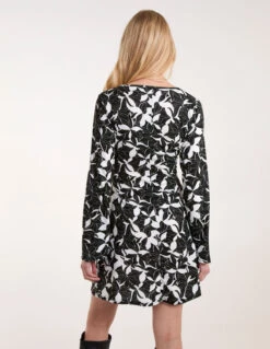 V Neck Long Sleeve Print Dress -Moda Ulla Shop S2203 BLACKPATTERN 0716