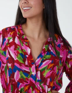 Tunic Tiered Smock Mini Dress -Moda Ulla Shop SS23234 PINKPATTERN 6897