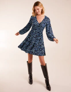 Leopard Print Shirring Elastic Sleeve Tier Mini Dress