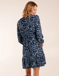 Leopard Print Shirring Elastic Sleeve Tier Mini Dress -Moda Ulla Shop SS23332 BLUE 0321