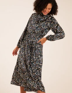 Abstract Animal Print High Neck Blouson Midi Dress -Moda Ulla Shop bv222870 teal9416