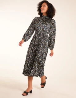 Abstract Animal Print High Neck Blouson Midi Dress -Moda Ulla Shop bv222870 teal9431