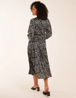 Abstract Animal Print High Neck Blouson Midi Dress -Moda Ulla Shop bv222870 teal9480