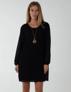 Long Sleeve Pleated Shift Dress -Moda Ulla Shop bv2264 black4178