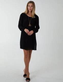 Long Sleeve Pleated Shift Dress -Moda Ulla Shop bv2264 black4195