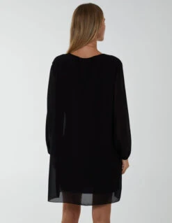 Long Sleeve Pleated Shift Dress -Moda Ulla Shop bv2264 black4221