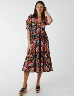 V-Neck Puff Sleeve Midi Dress -Moda Ulla Shop bv233801 black 0850