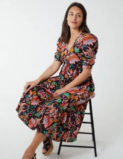 V-Neck Puff Sleeve Midi Dress -Moda Ulla Shop bv233801 black 0879