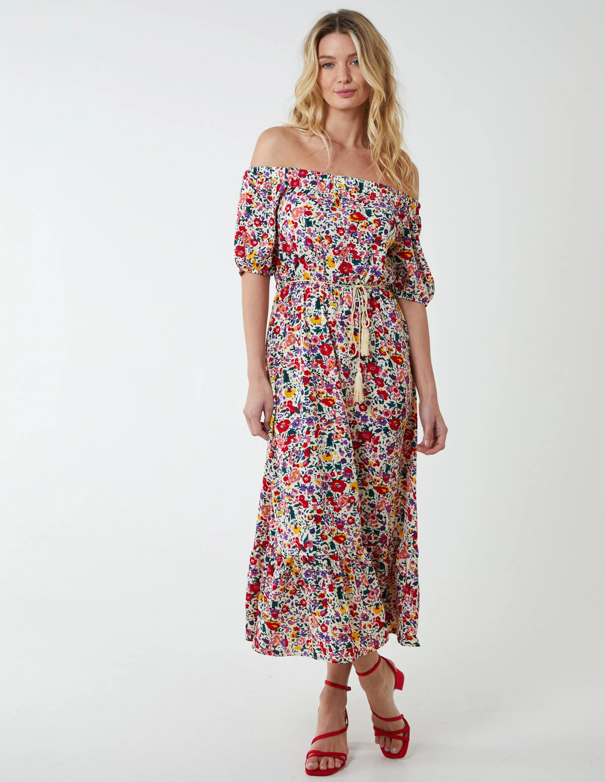 Bardot Midi Dress With Frill Hem 3 Bardot Midi Dress With Frill Hem