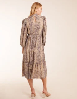 High Neck Pleated Sleeve Reptile Midi Dress -Moda Ulla Shop bv234850 reptile64972