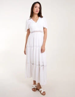 Crochet Detailing Angel Sleeve Tiered Maxi Dress -Moda Ulla Shop bv245802 white 6949