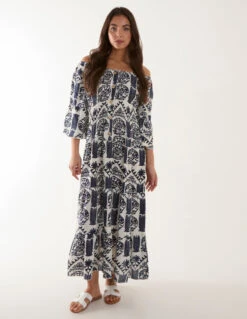 Printed Coconut Button Dress -Moda Ulla Shop bv245842 navy 18407