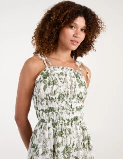 Chintz Print Elastic Smock Dress -Moda Ulla Shop bv245886 khaki 34904