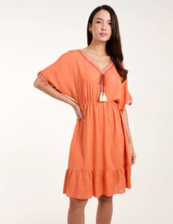 Tassel Detail V Neck Dress -Moda Ulla Shop bv245890 orange 7374