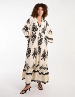 V Front Smock Maxi Dress -Moda Ulla Shop bv245949 beige 34525