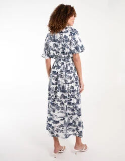 Porcelain Printed Belted Shirt Dress -Moda Ulla Shop bv245950 navy 34634