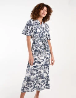 Porcelain Printed Belted Shirt Dress -Moda Ulla Shop bv245950 navy 34654