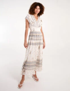 Cream Metallic Fibre Frill V Maxi Dress -Moda Ulla Shop bv245971 white 34789