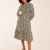 Animal Print Shirred Long Sleeve Midi Dress 1 Animal Print Shirred Long Sleeve Midi Dress -Moda Ulla Shop bv2638 black9517