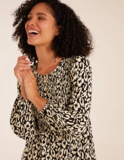 Animal Print Shirred Long Sleeve Midi Dress -Moda Ulla Shop bv2638 black9539