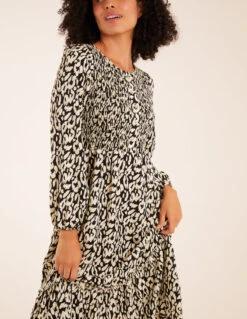 Animal Print Shirred Long Sleeve Midi Dress -Moda Ulla Shop bv2638 black9548