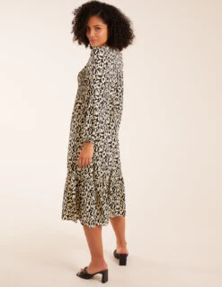 Animal Print Shirred Long Sleeve Midi Dress -Moda Ulla Shop bv2638 black9566
