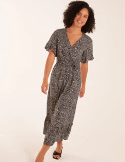 Leopard Wrap Cross Over Midi Dress -Moda Ulla Shop bv2645 black9291