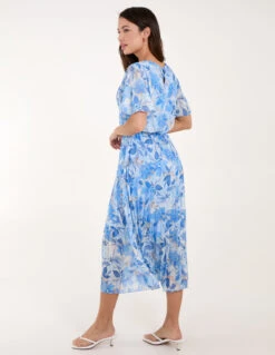Round Neck Pleated Midi Dress -Moda Ulla Shop bv3682 blue 7067
