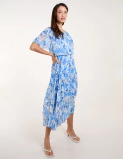 Round Neck Pleated Midi Dress -Moda Ulla Shop bv3682 blue 7080