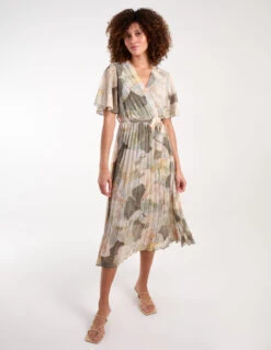 Shell Print Pleated Crossover Dress -Moda Ulla Shop bv3882 khaki 35598