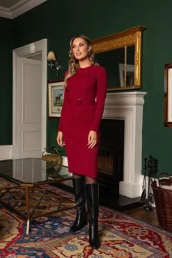 High Neck Knit Dress In Dark Red