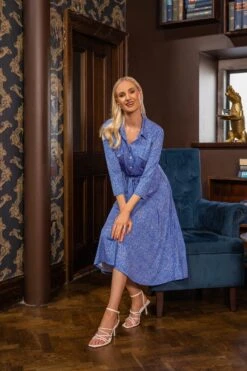 Emer Knee Length Shirt Dress In Blue Print -Moda Ulla Shop carraig donn emer knee length shirt dress in blue print 307037