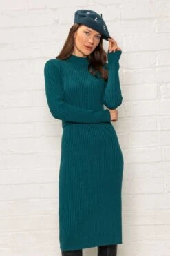 High Neck Rib Dress In Teal