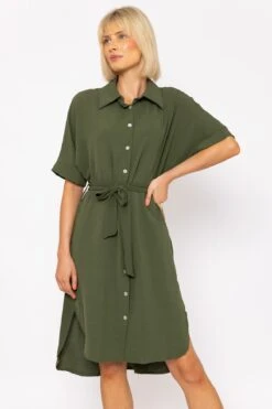 Khaki Green Belted Shirt Dress