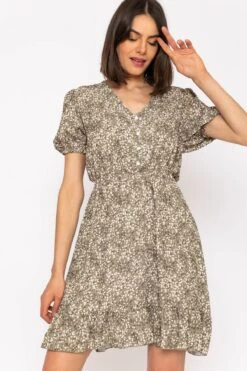 Kimberley Short Dress In Khaki Floral Print -Moda Ulla Shop carraig donn kimberley short dress in khaki floral print 609731