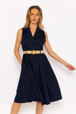 Navy Linen Sleeveless Shirt Dress