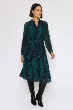 Pleated Midi Dress In Green Animal Print -Moda Ulla Shop carraig donn pleated midi dress in green animal print 127939