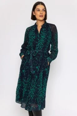 Pleated Midi Dress In Green Animal Print -Moda Ulla Shop carraig donn pleated midi dress in green animal print 431430
