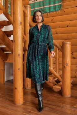 Pleated Midi Dress In Green Animal Print -Moda Ulla Shop carraig donn pleated midi dress in green animal print 836588