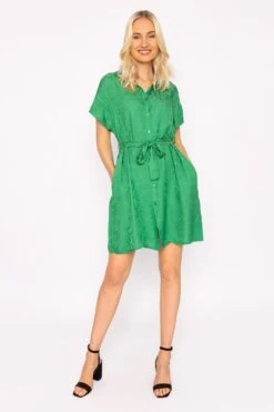 Satin Jacquard Dress In Green -Moda Ulla Shop carraig donn satin jacquard dress in green 101265
