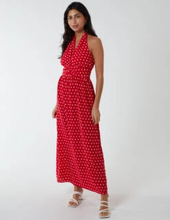 Polka Dot Halter Neck Maxi Dress -Moda Ulla Shop qed2587 red7210