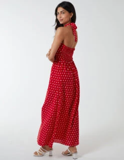 Polka Dot Halter Neck Maxi Dress -Moda Ulla Shop qed2587 red7271