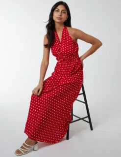 Polka Dot Halter Neck Maxi Dress -Moda Ulla Shop qed2587 red7279